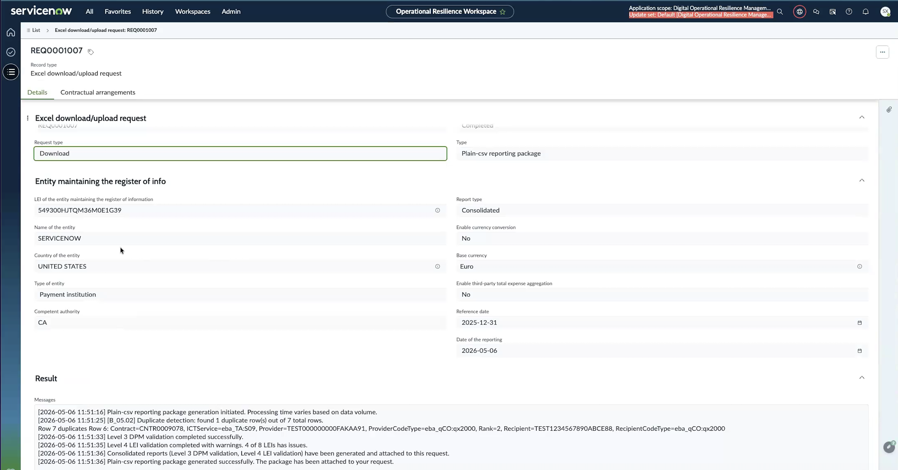 Result panel after generating a Plain-CSV reporting package. Validation messages and attached consolidated reports appear at the bottom of the request record.