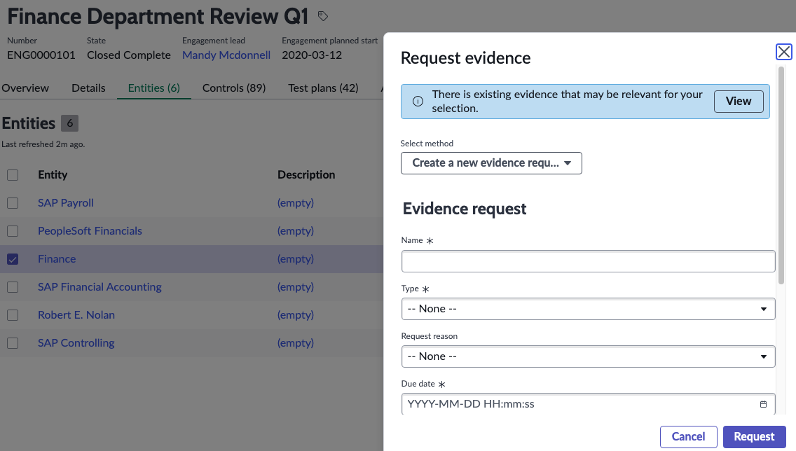 View link in Request evidence pop-up.