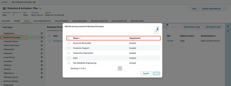 Assets shown when you select Add primary scope for the Business Processes asset types.