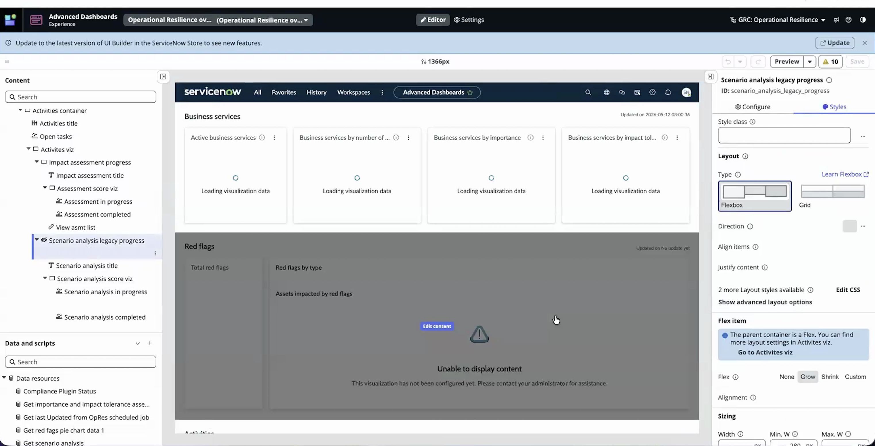 Operational Resilience overview dashboard in UI Builder with the legacy progress widget unhidden.