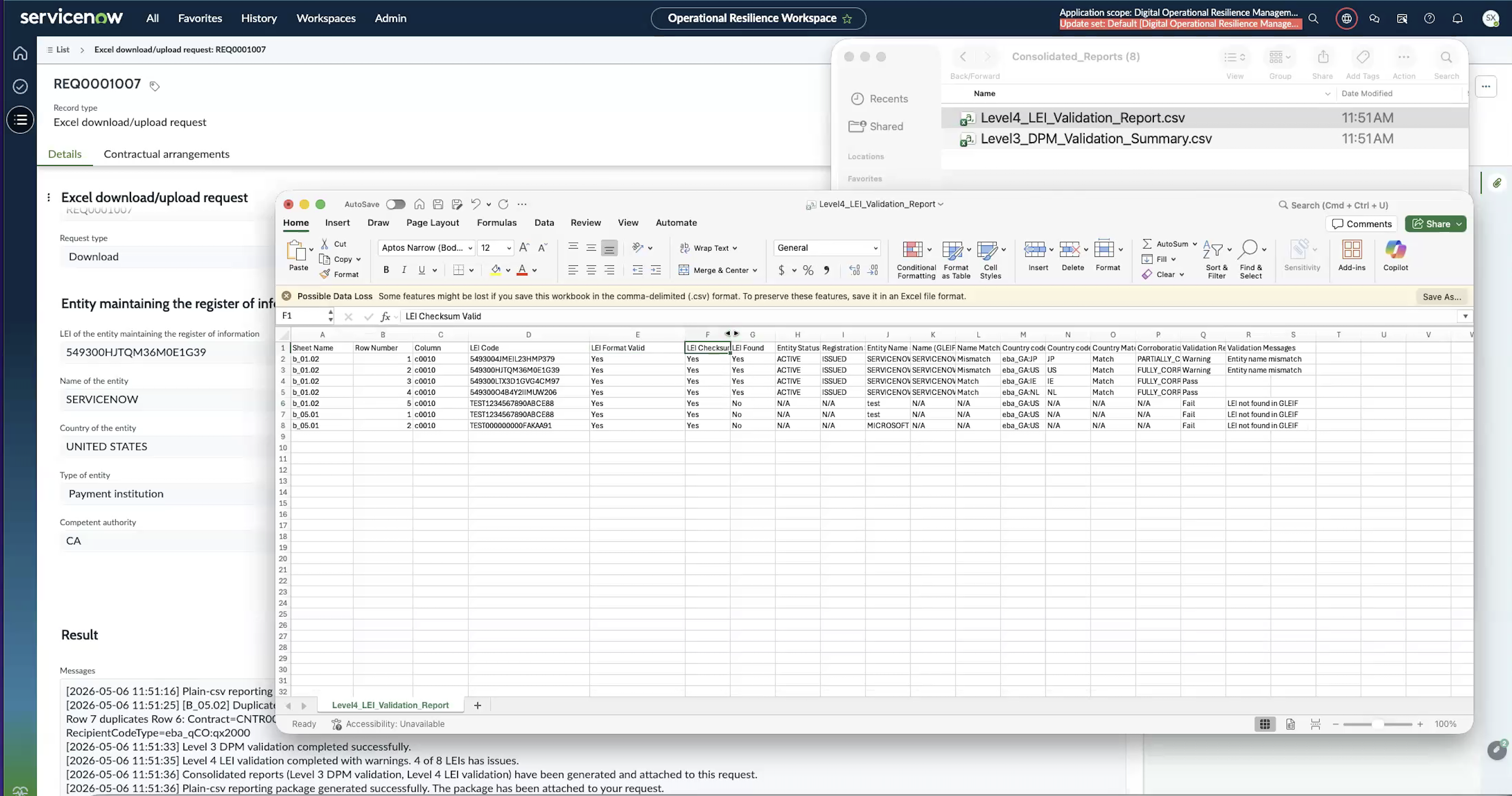Level 4 LEI validation report opened in Microsoft Excel.
