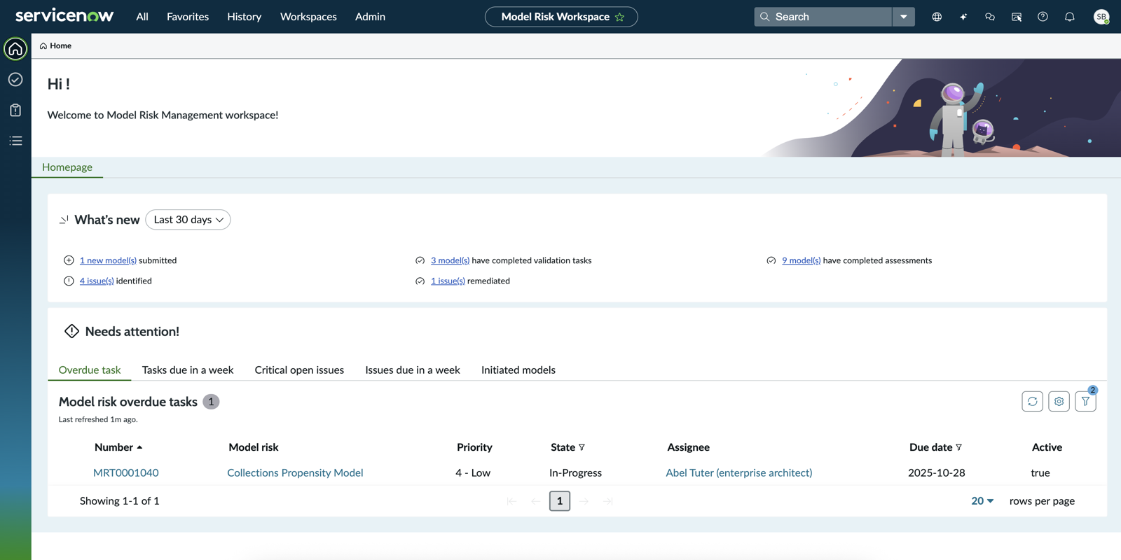 Model Risk Workspace Homepage.