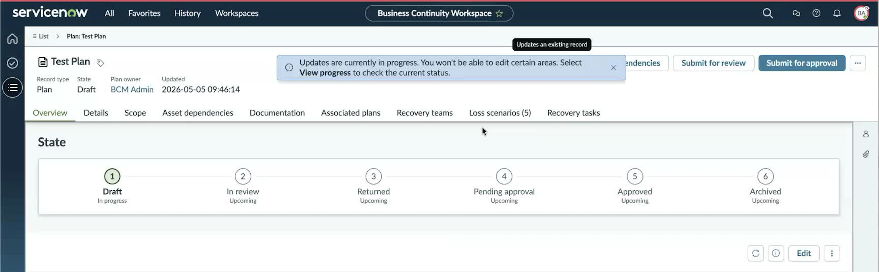 Plan record after creation from a template, with the progress tracker indicating that documentation, loss scenarios, and recovery tasks are being created.