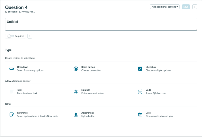 Question types available for creating an assessment template.