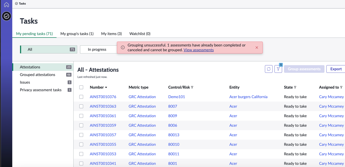 Error message indicating the assessments could not be grouped.