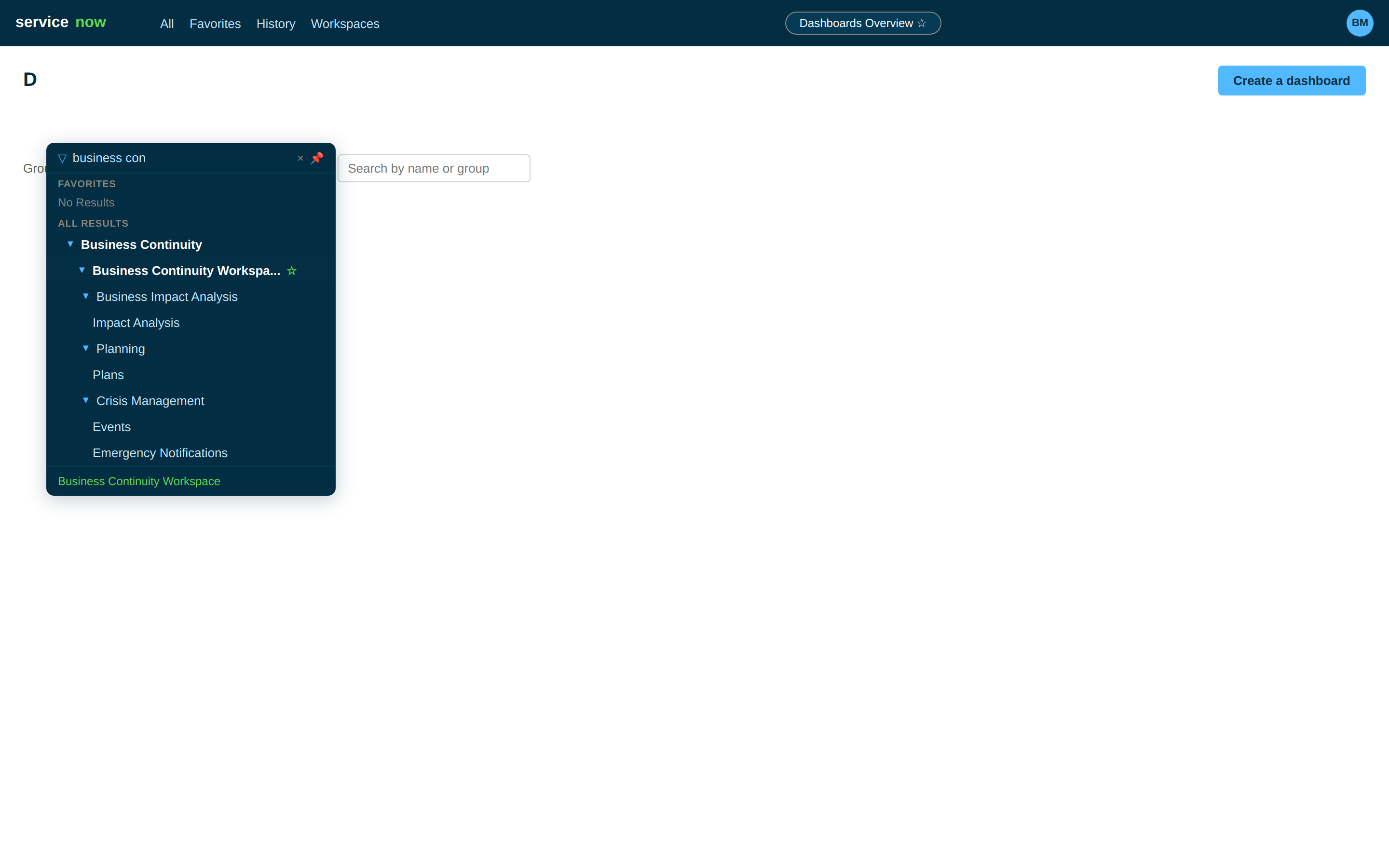 Application navigator menu for Business Continuity Workspace.