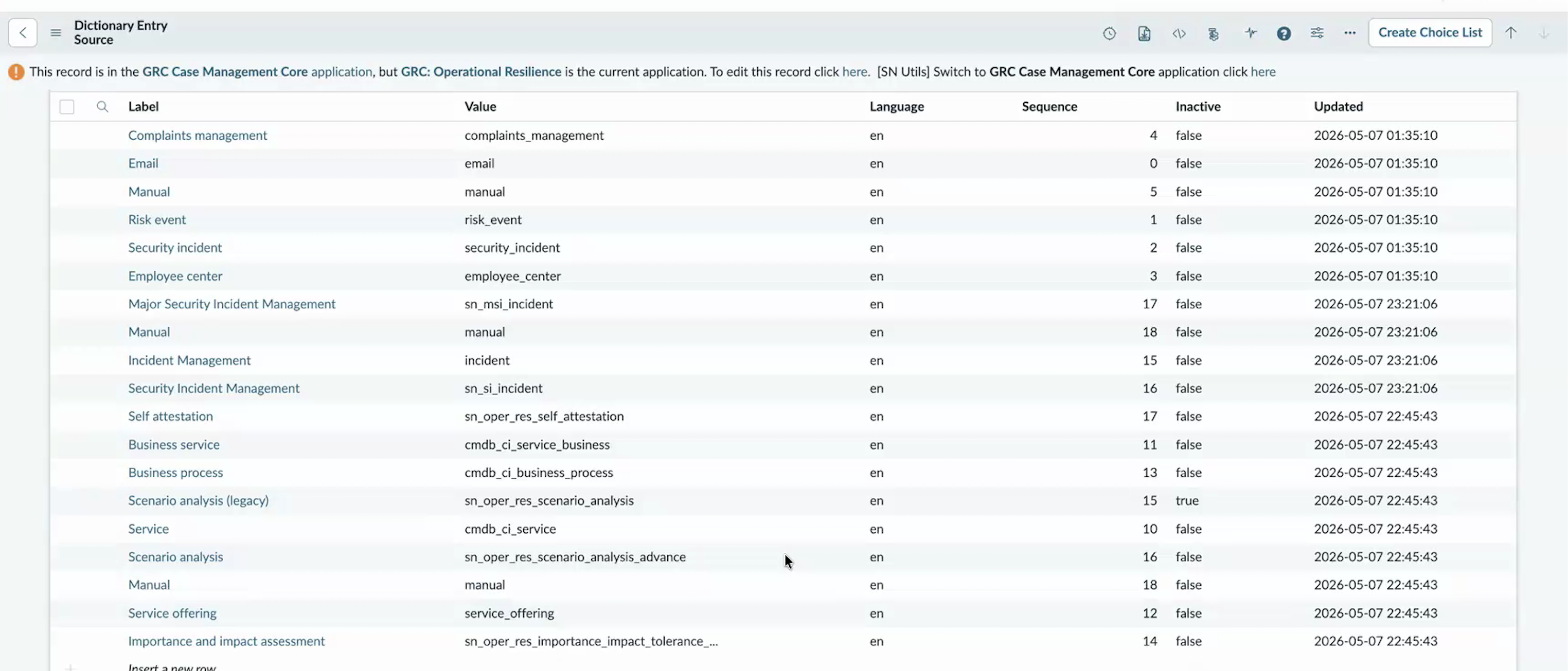Choices list filtered to sn_oper_res_vulnerability.source with the Scenario analysis (legacy) entry visible.