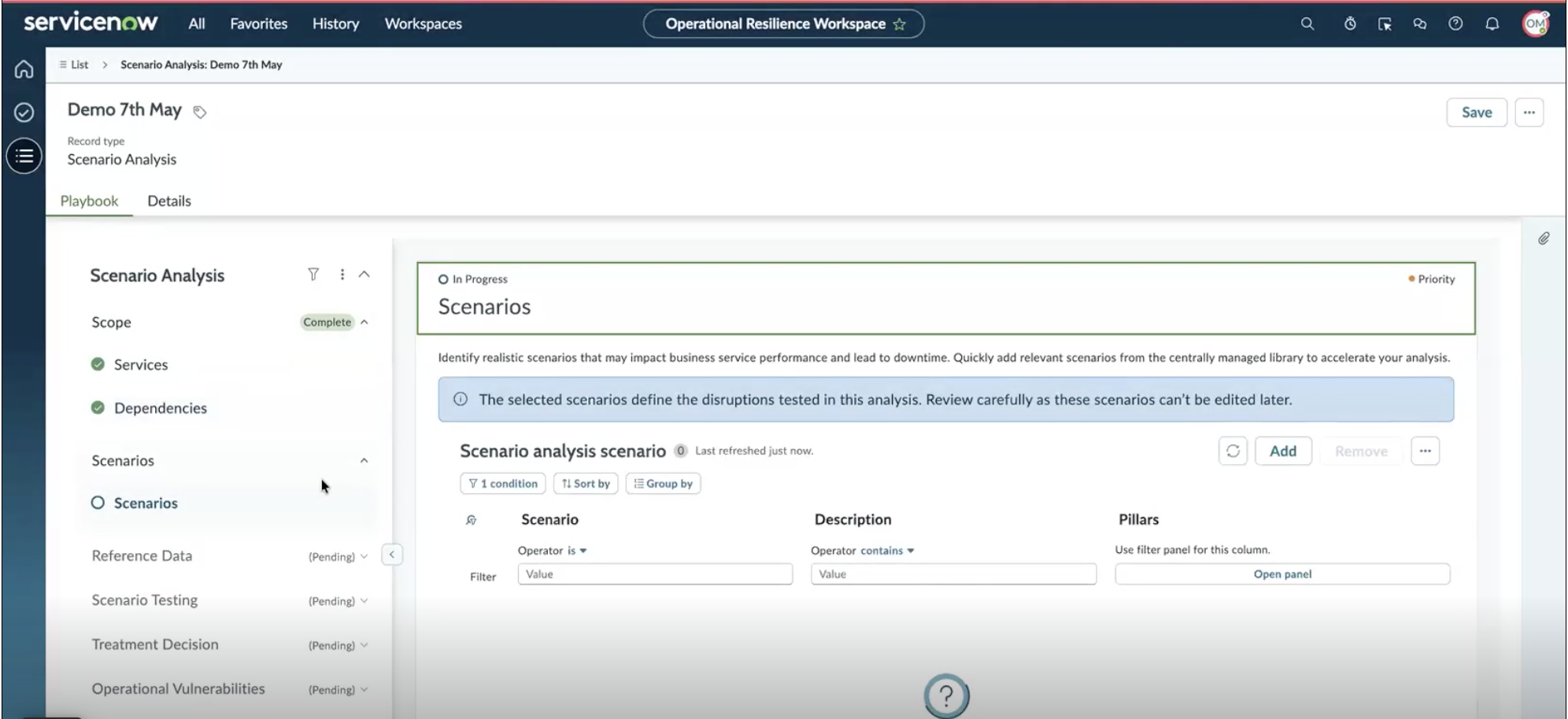 The selected events define the disruptions tested in this analysis. Review carefully as these events can't be edited later, an empty 'Scenario analysis scenario' table, and the Add button enabled.