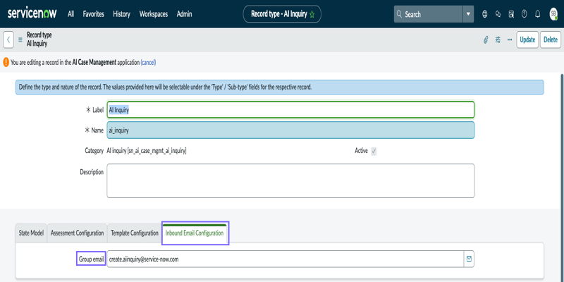 AI inquiry intake type showing the group email configuration.