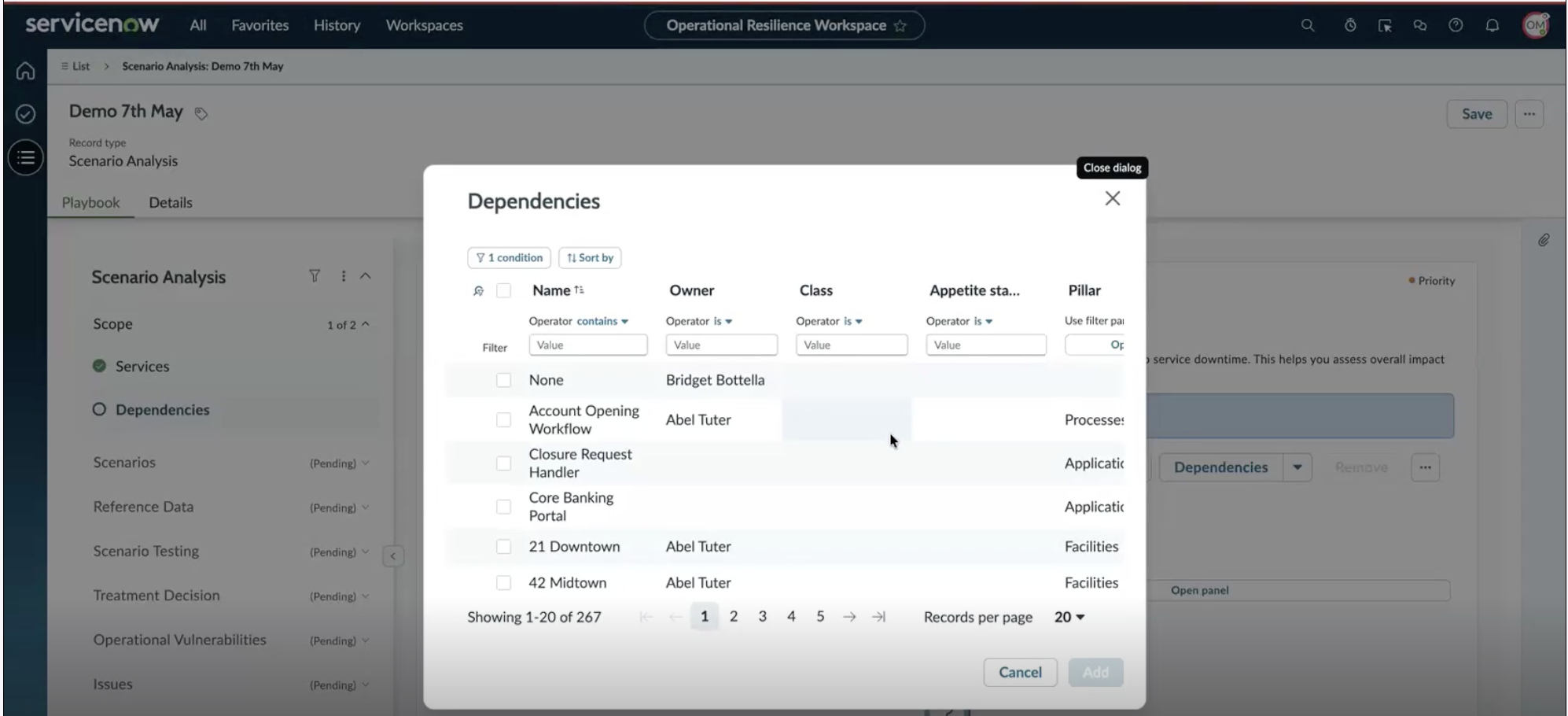 Dependencies selection dialog showing Name, Owner, Class, Appetite status, and Pillar columns with row checkboxes; the paginator shows 1–20 of 267 records.