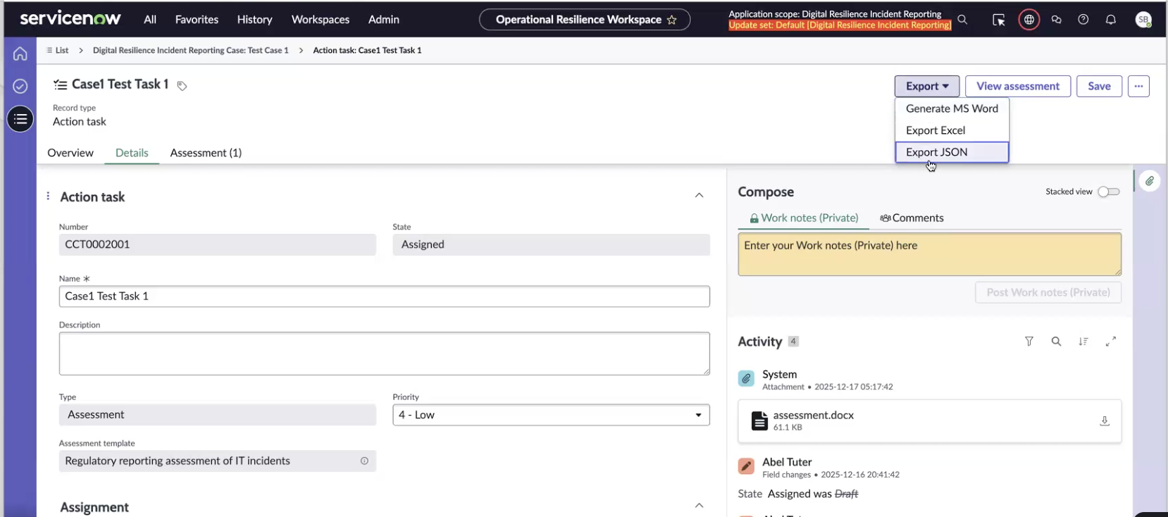 Options to export the action task reports.