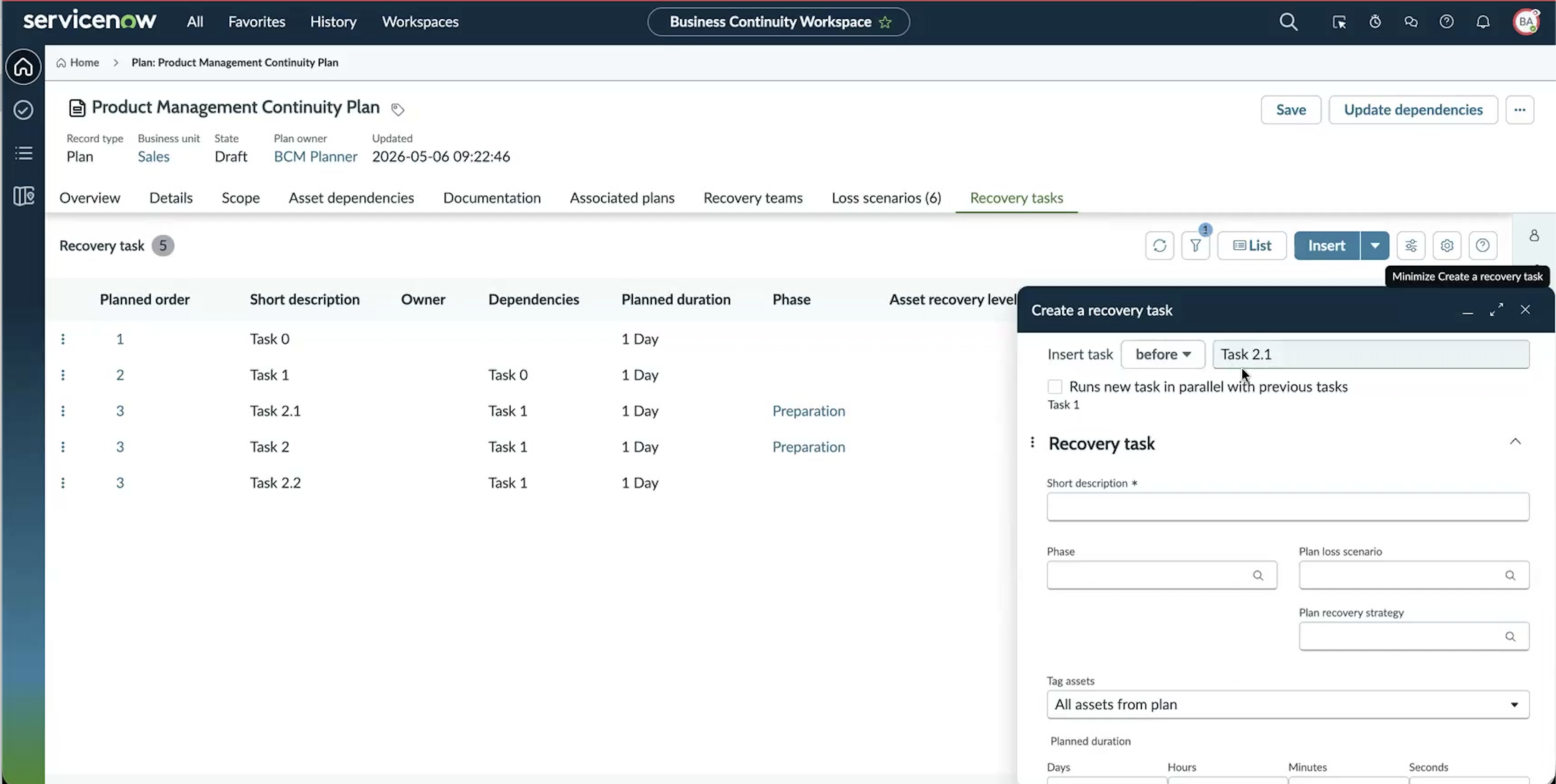 Create a quick recovery task modal launched from the Insert before row action; the Insert task drop-down is set to "before" and the reference field is pre-populated with Task 2.1.