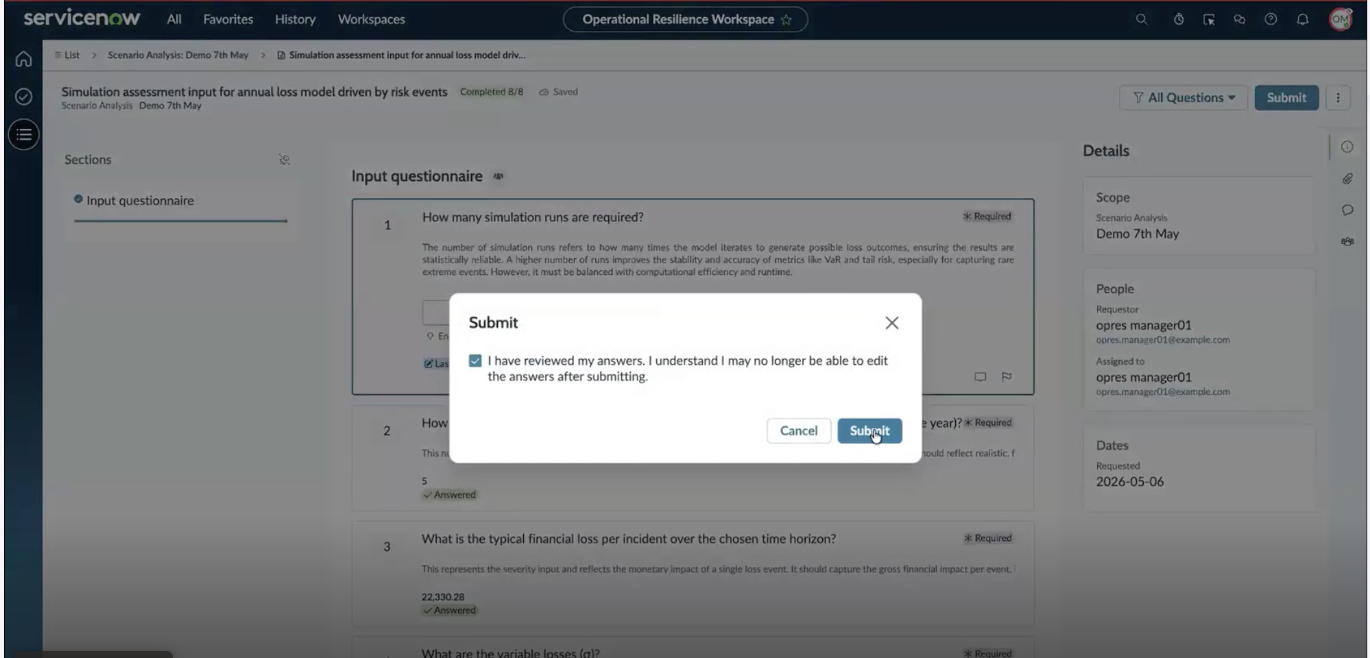 Submit confirmation dialog and Cancel and Submit buttons.