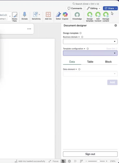 Microsoft Word toolbar with the Document Designer task pane open, showing Add Content and Manage Content icons.