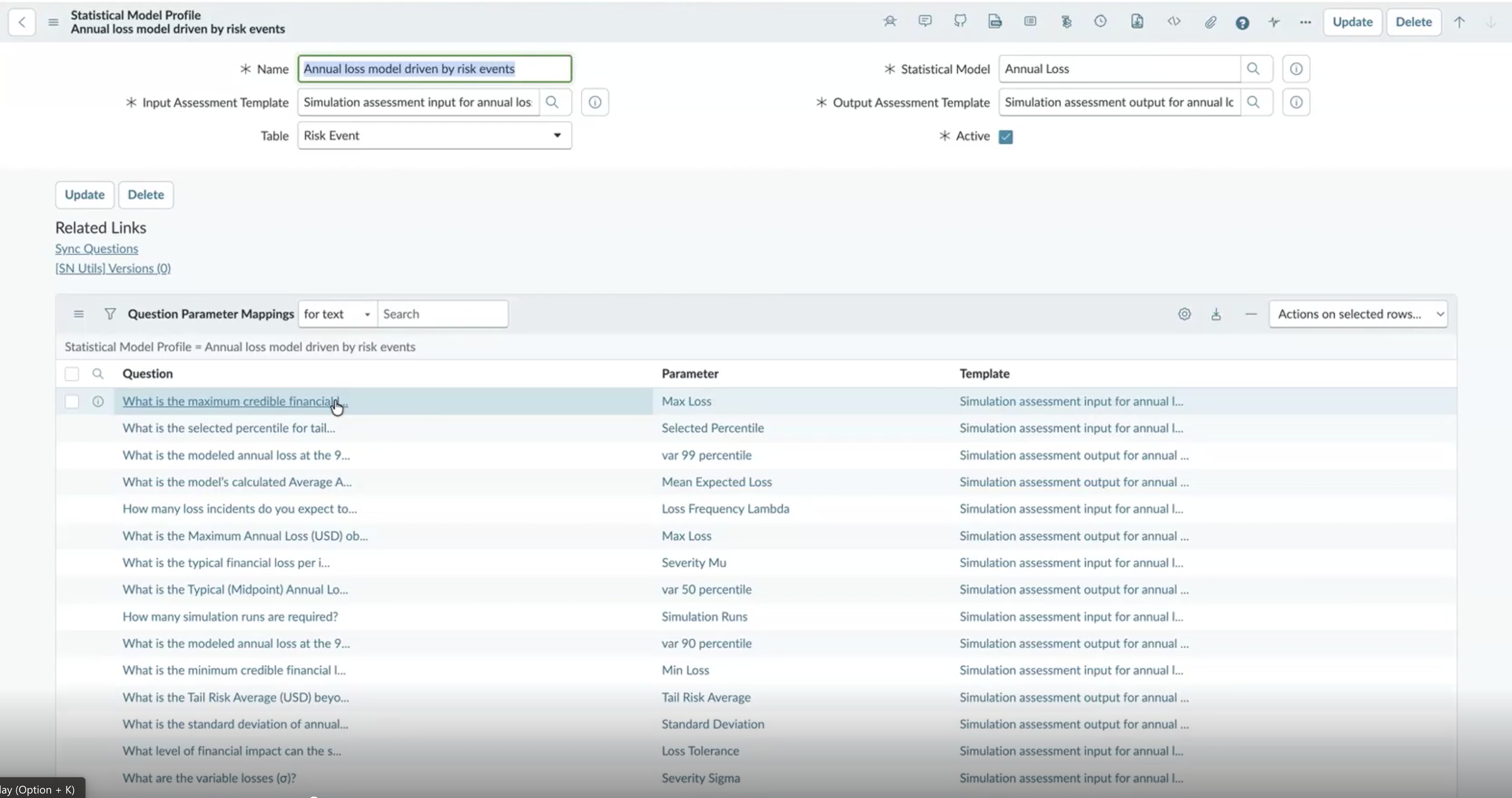 Statistical Model Profile record 'Annual loss model driven by risk events' with the Question Parameter Mappings related list showing each parameter mapped to its input or output assessment question.