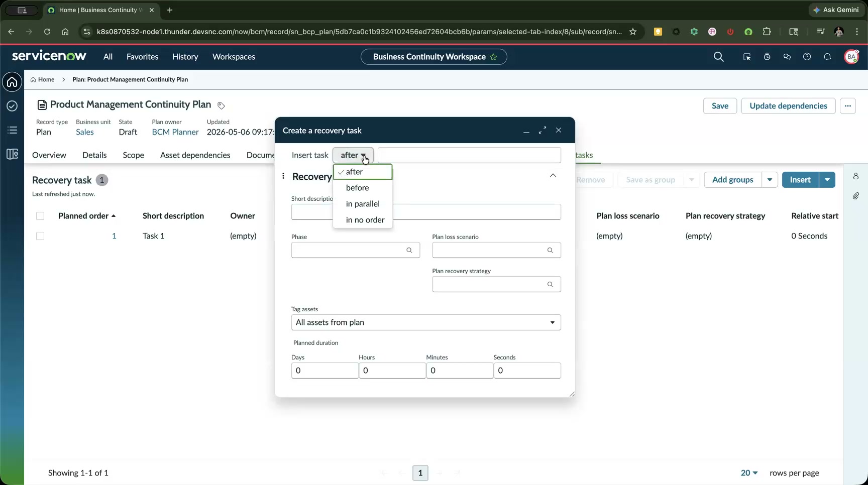 Create a quick recovery task modal with the Insert task drop-down expanded to show after, before, in parallel, and in no order.