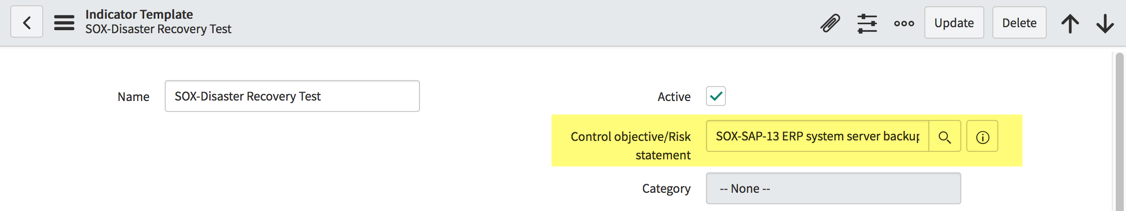 indicator template form showing the control/risk field