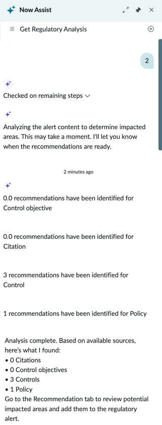 Details of agent recommending impacted areas in the Now Assist panel.