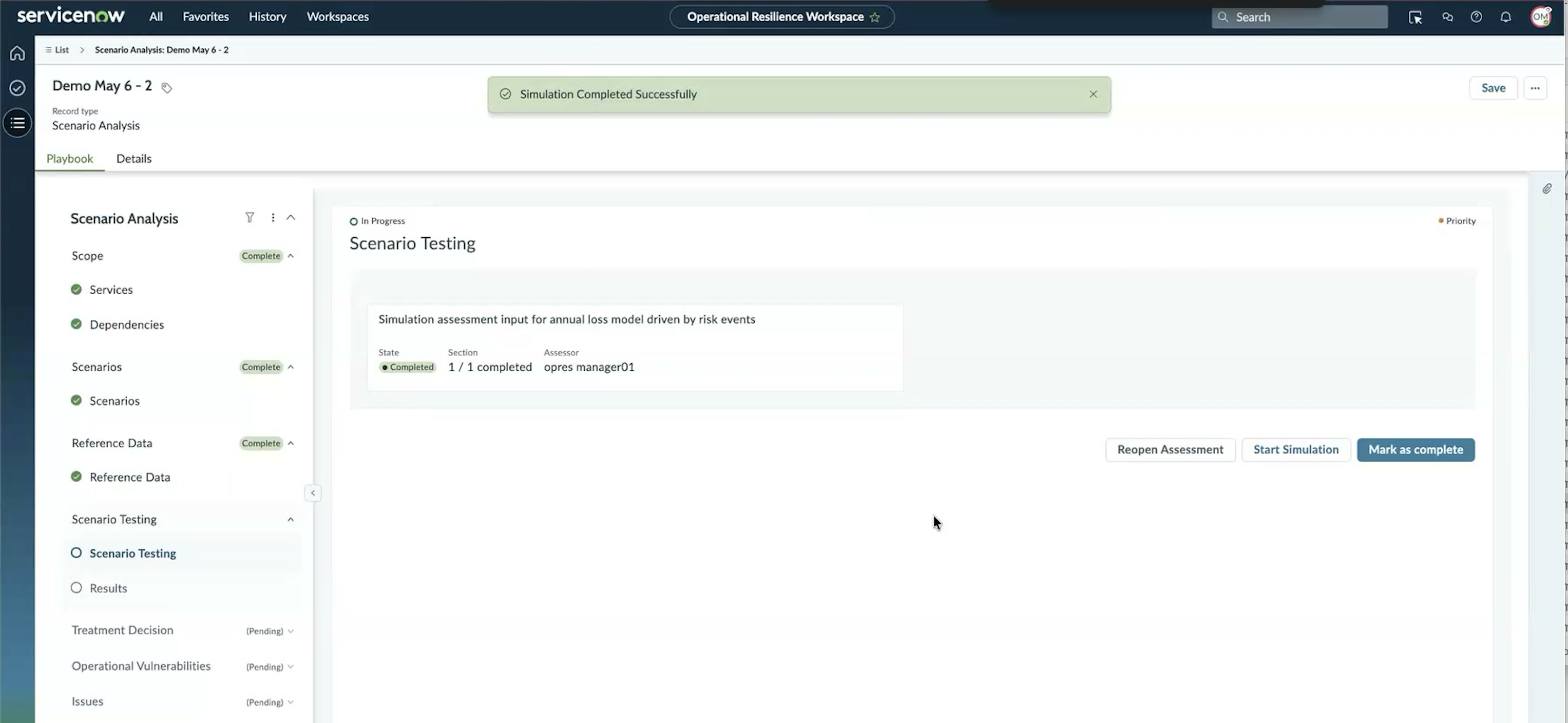 Scenario Testing step after Questionnaire is submitted, showing the Simulation Assessment card, the Reopen Assessment button, the Start Simulation button enabled, and Mark as Complete button visible but inactive.