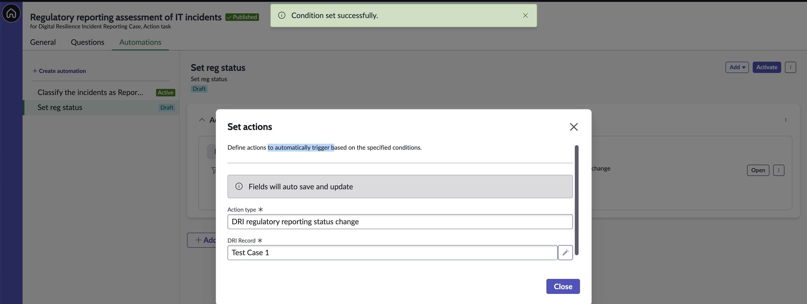 Example showing that conditions are set and how to set action type.