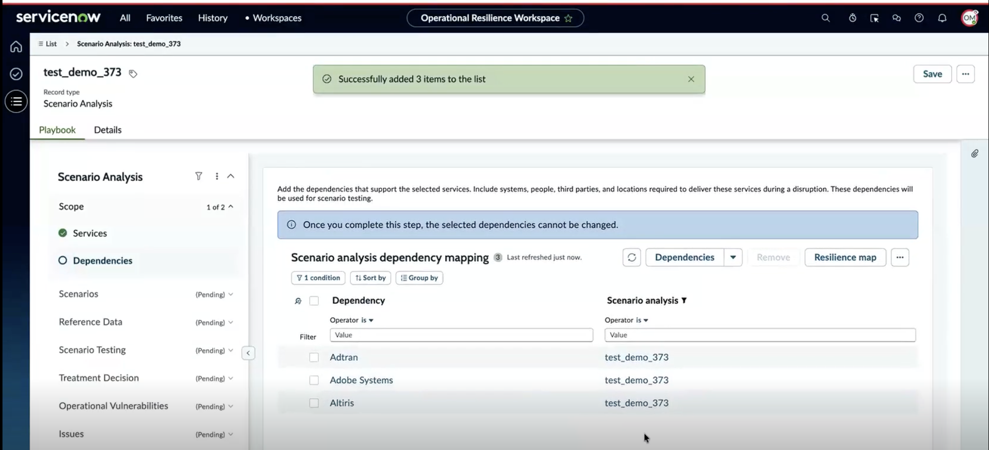Dependencies step after four dependencies are added, with two columns — Dependency and Pillar — populated.