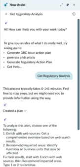 Details of initiating the get regulatory alerts workflow in the Ask ServiceNow Otto panel.