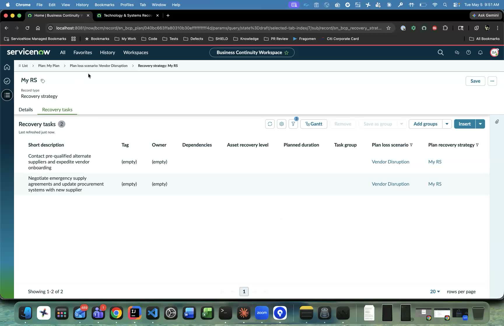 Recovery strategy Recovery tasks tab with tasks added from a task template group, each pre-populated with Plan loss scenario and Plan recovery strategy.