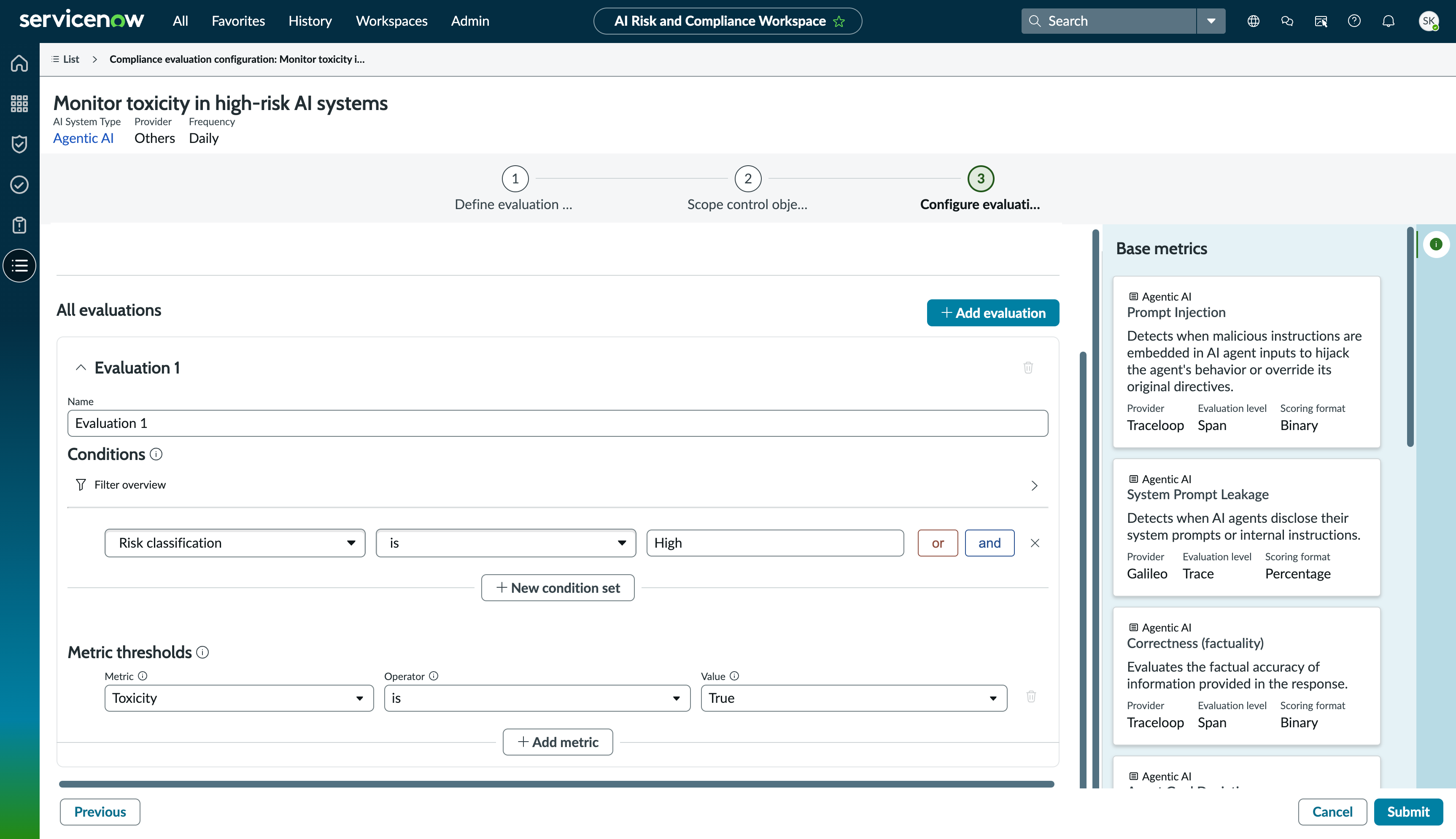 Compliance evaluation configuration form showing the final step of the Configuring evaluation. The form displays evaluation conditions and metric thresholds.