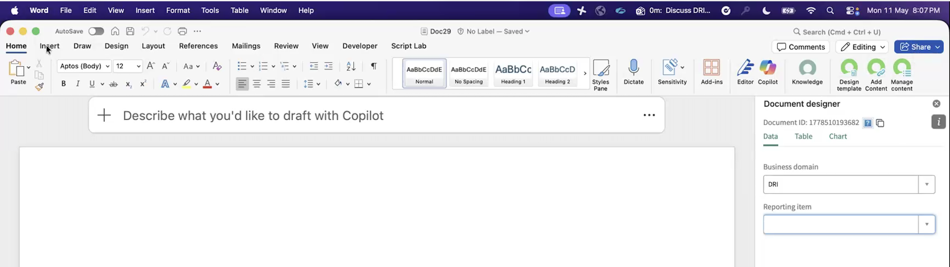 Document designer add-in panel tabs.