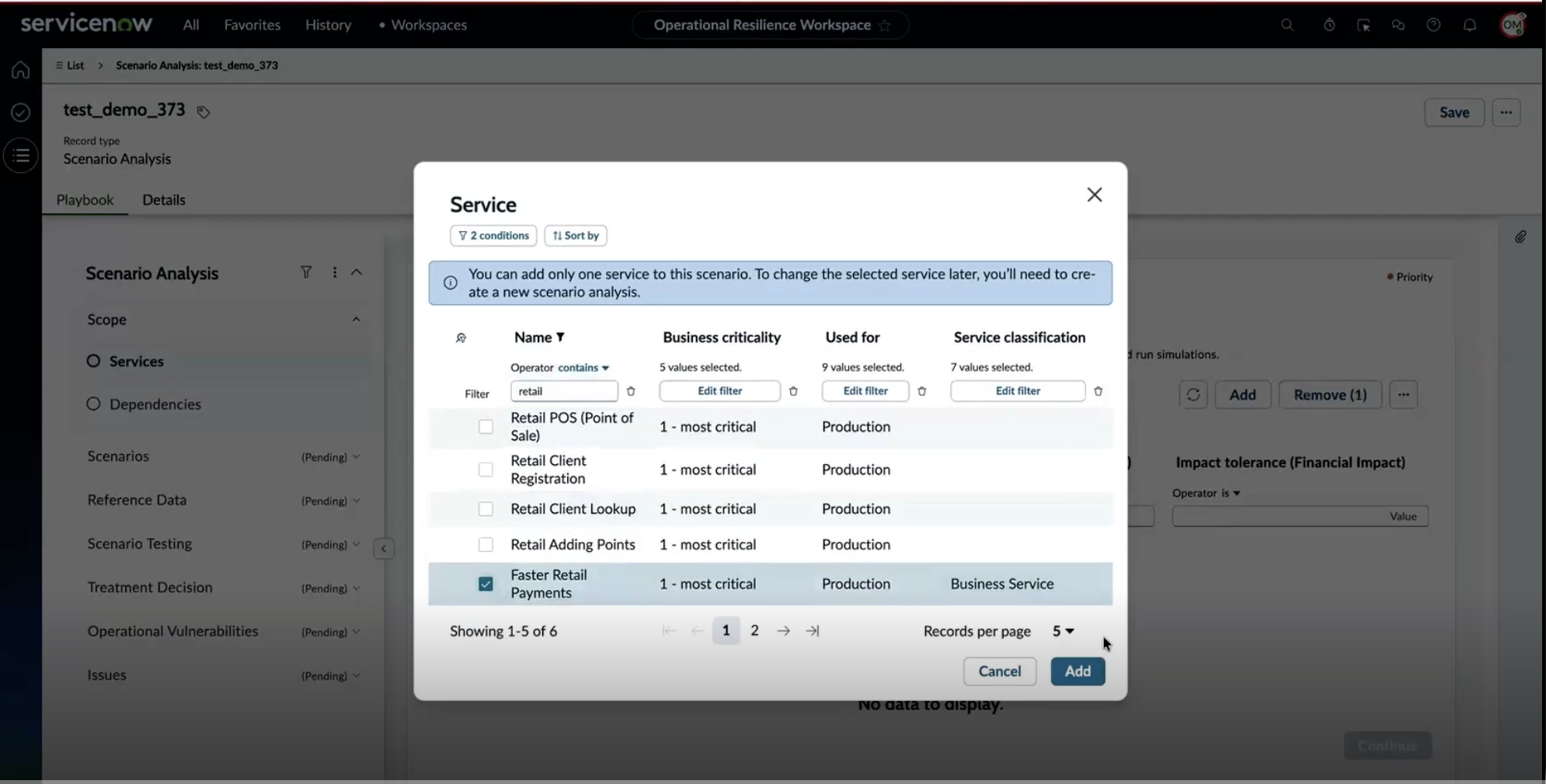 Service selection dialog with the information banner, a single service row 'Retail Banking' selected, and the Add button enabled.