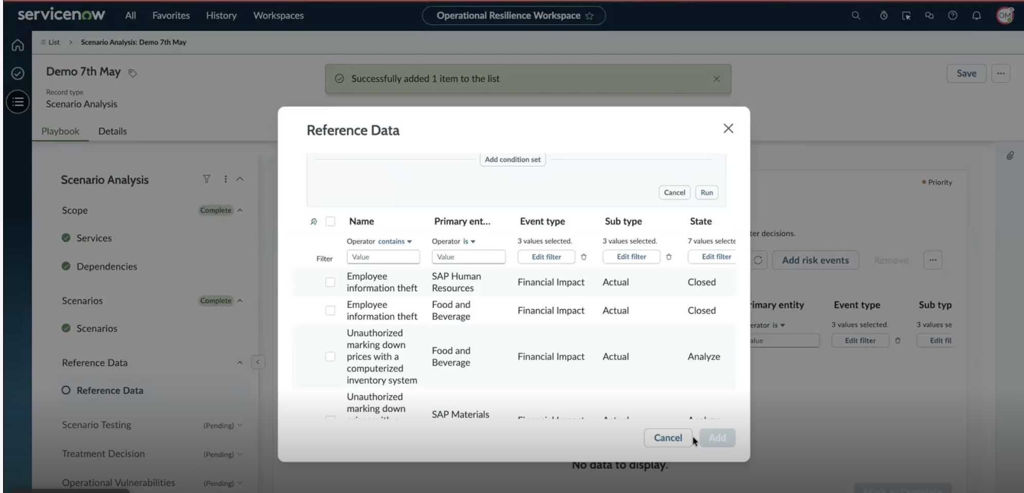 Risk events selection dialog with a filter applied, the Run button enabled, and the filtered result rows ready for selection.