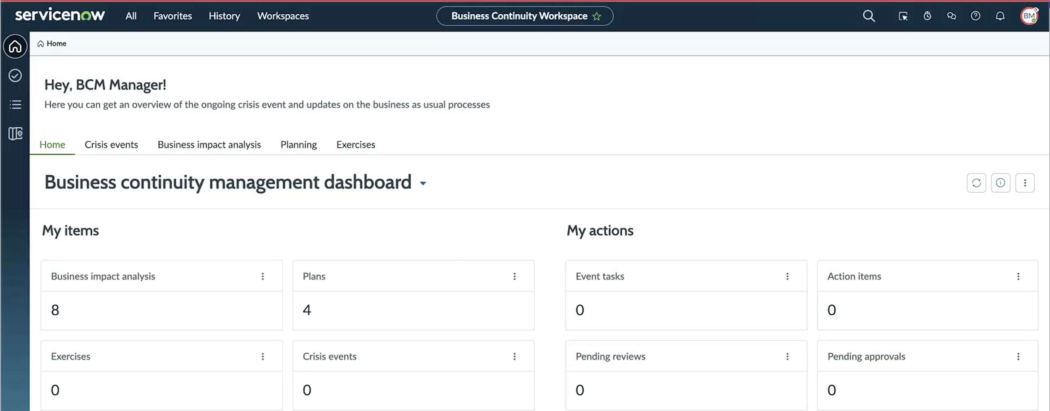 Business continuity management dashboard shown as the home page for a BCM Manager, with My items and My actions sections.