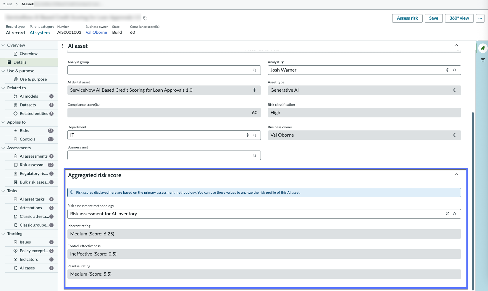 Details page of an AI system showing the aggregated risk score
