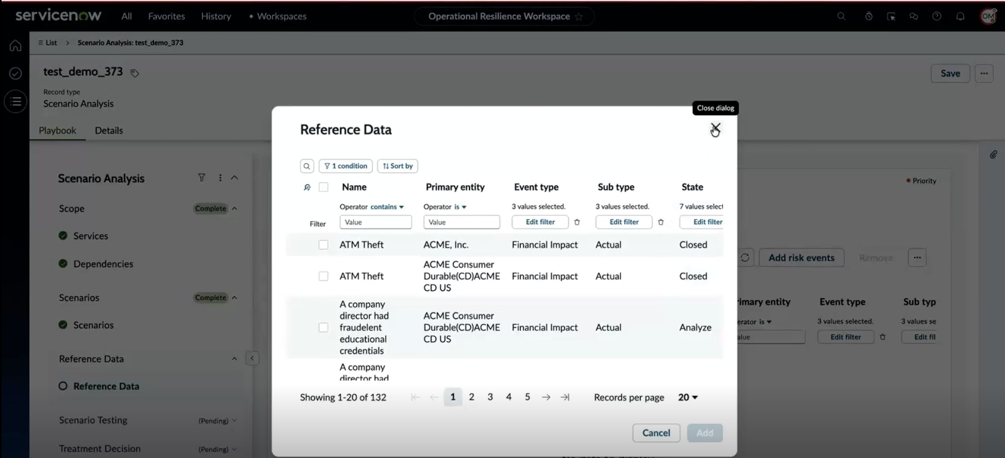 Risk events selection dialog with five rows listed (Employee information theft, Unauthorized marking down prices, and so on) and columns Name, Primary entity, Event type, Sub type, and State.