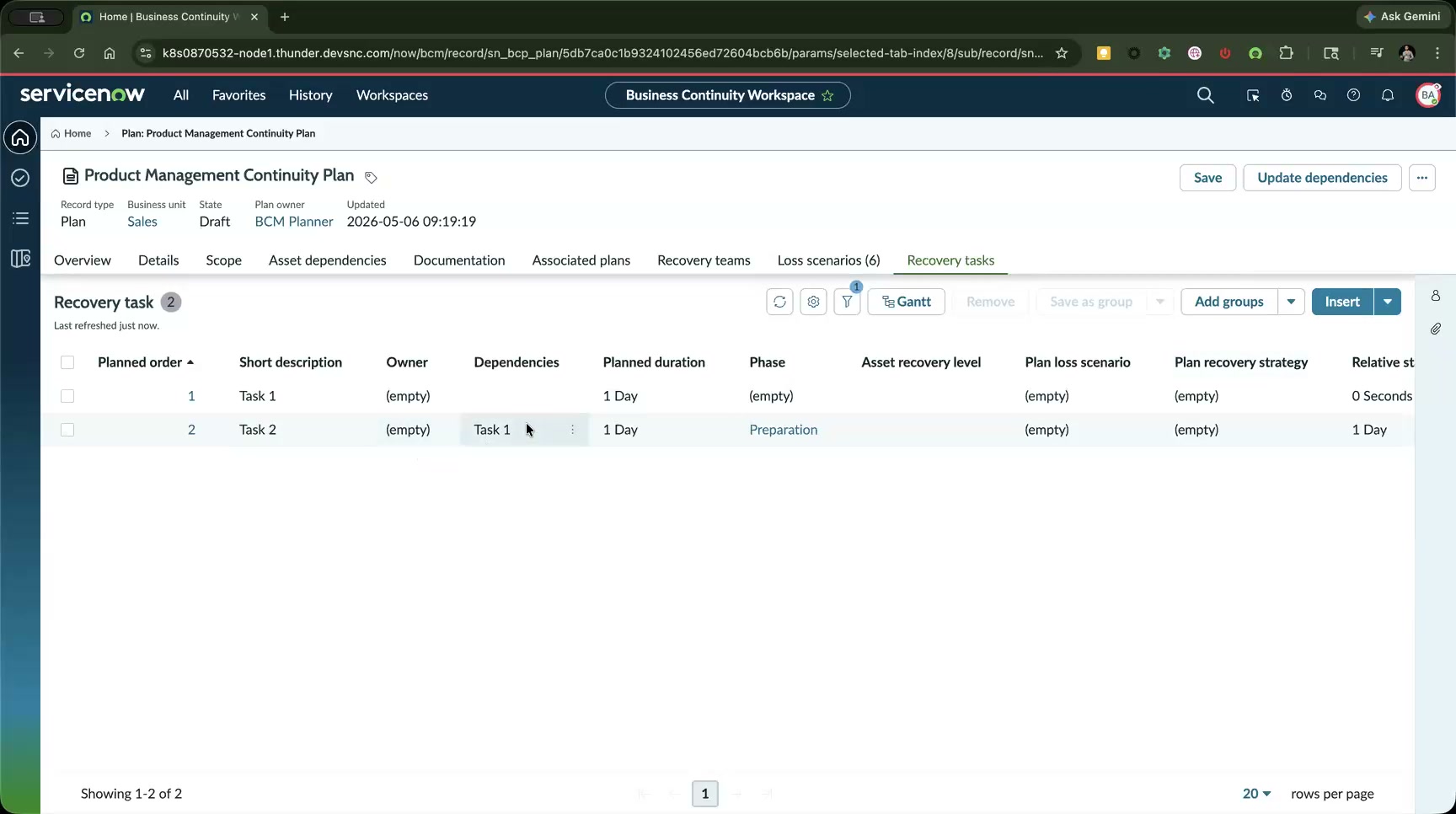 Task 1 and Task 2, with Task 2's dependency set to Task 1.