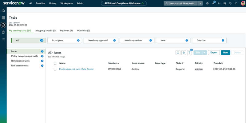 AI Risk and Compliance tasks page.