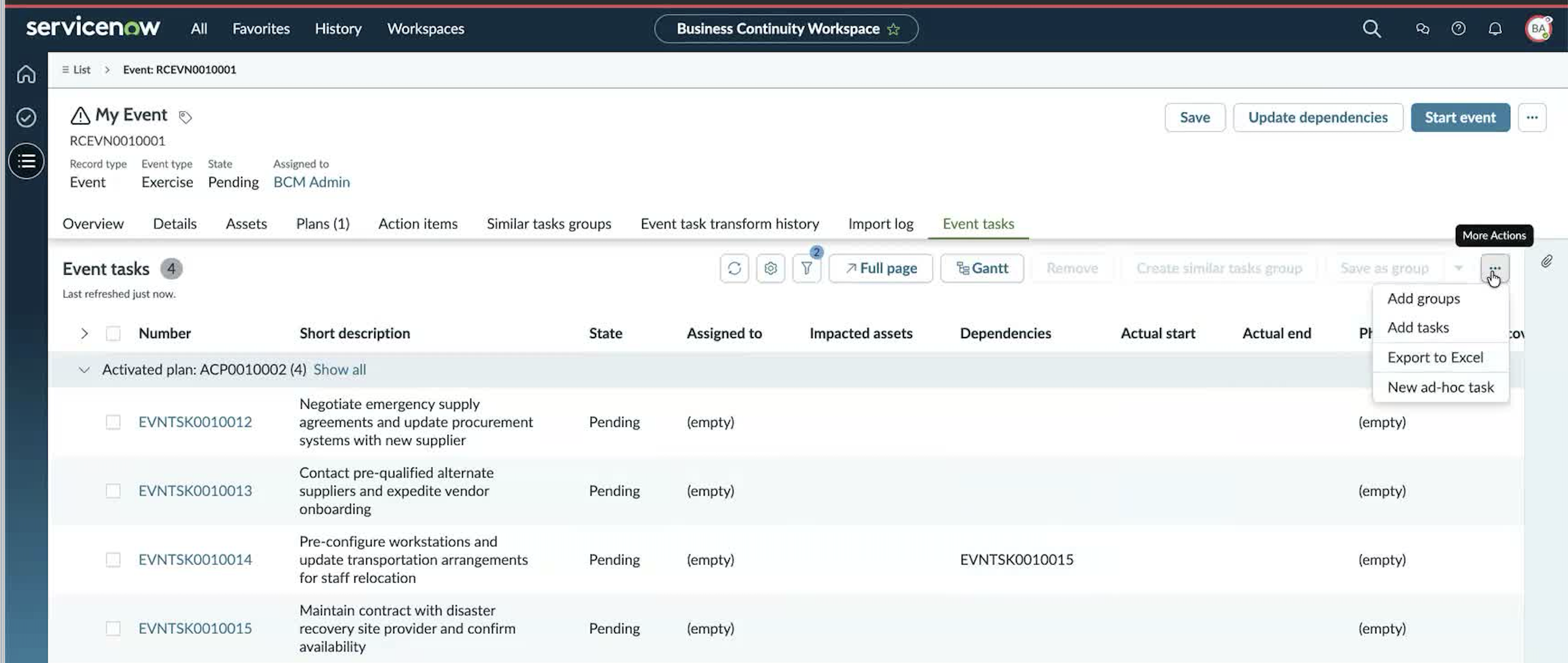 Crisis event Event tasks tab More Actions menu showing Add groups, Add tasks, Export to Excel, and New ad-hoc task.