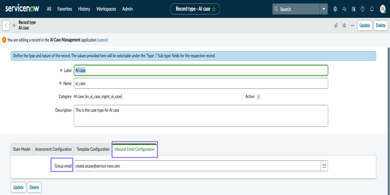 AI case intake type showing the group email configuration.