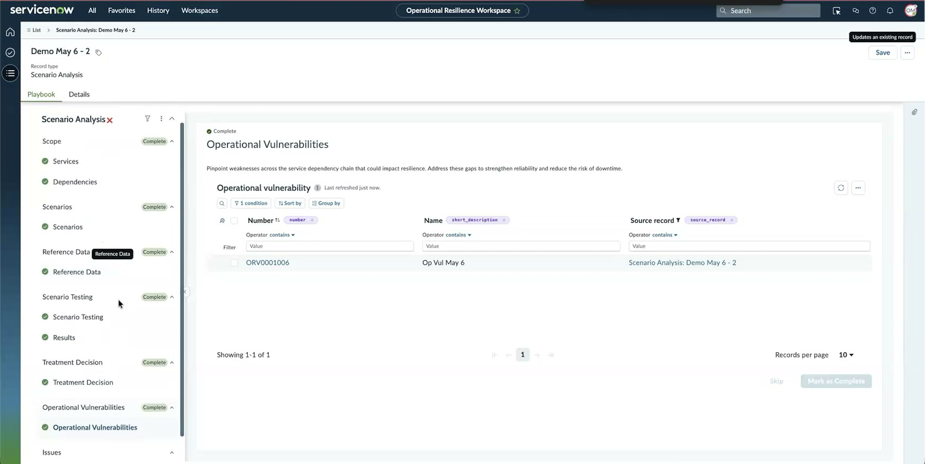 Operational Vulnerabilities step listing one row with Number, Name, and Source record set to the current scenario analysis.