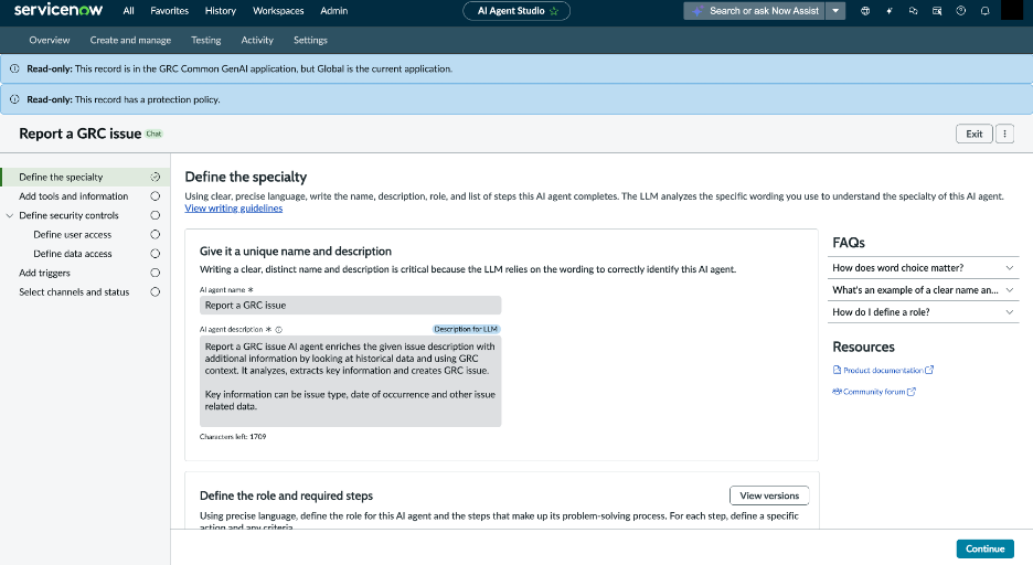 The Report a GRC issue AI agent page.
