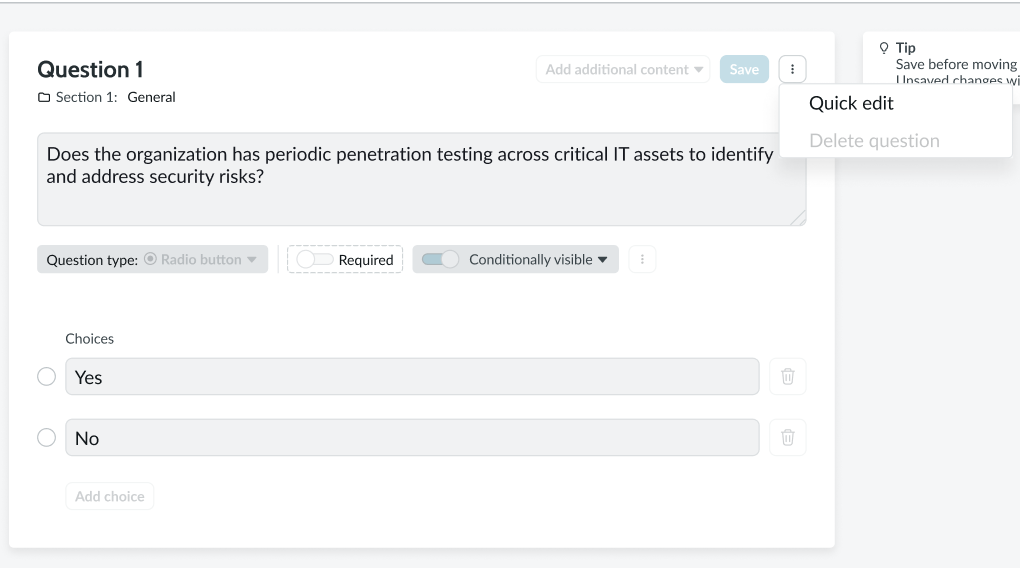 Quick edit option in the three-dot menu of a question in a published Smart Assessment template.