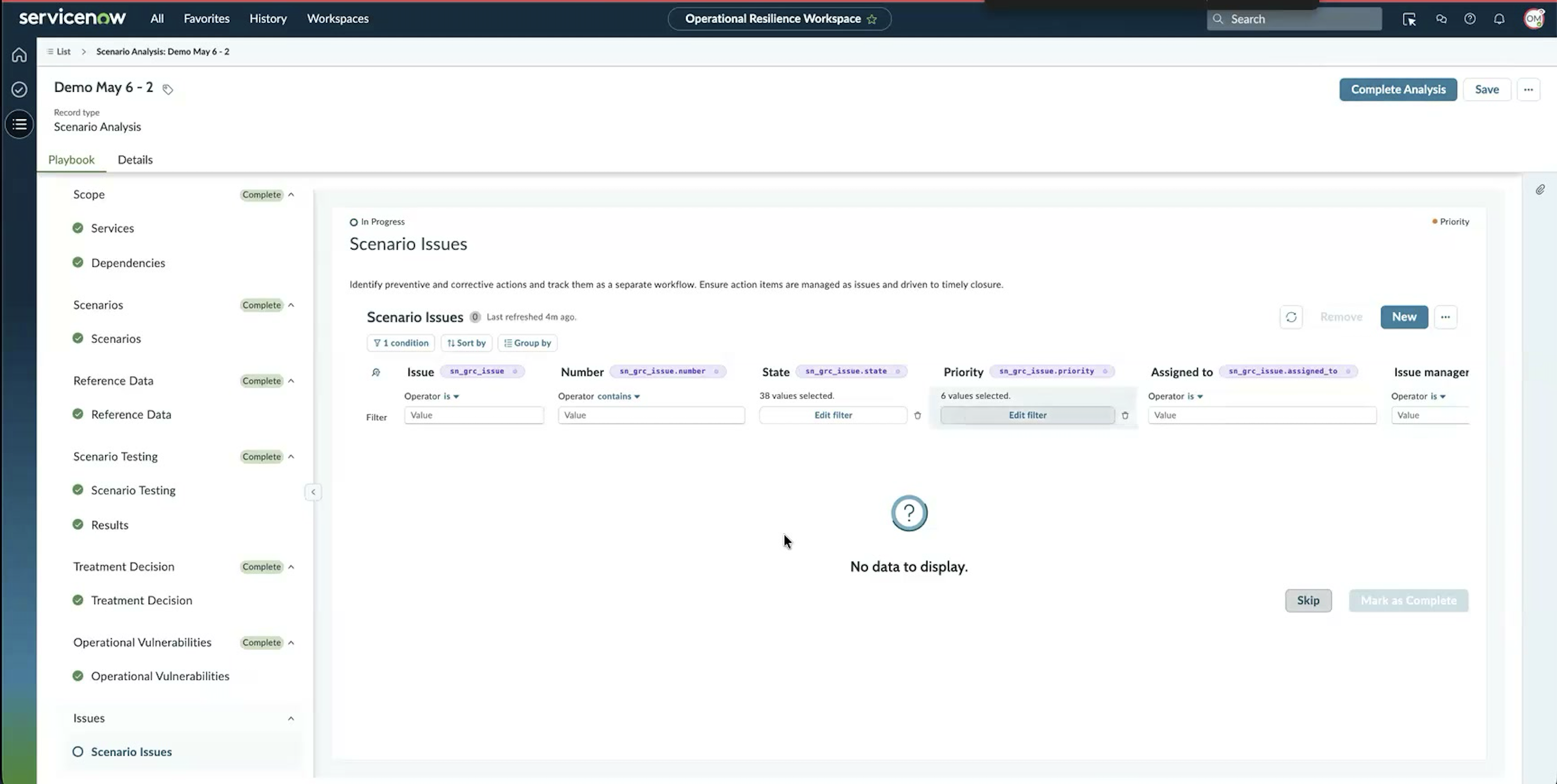 Scenario Issues step with an empty list, the Complete Analysis button,Skip button, and (an inactive) Mark as Complete button shown on the form.