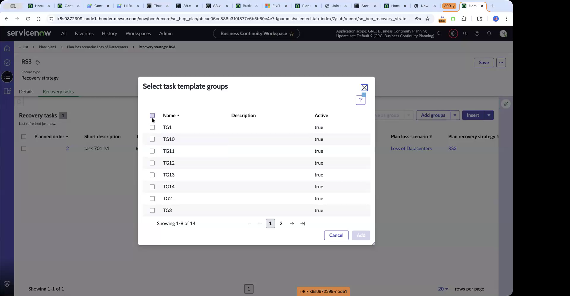 Select task template groups dialog listing available groups such as TG1 with their description and active status.