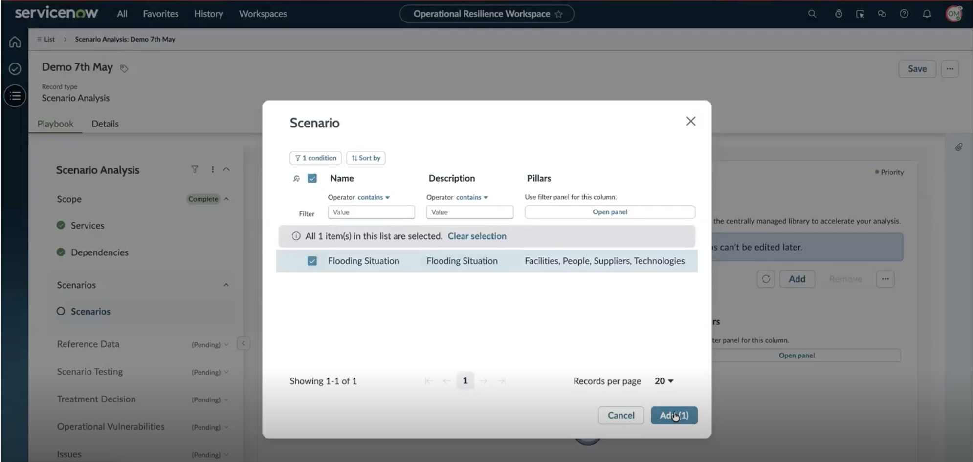 Scenario selection dialog with the row 'Flooding Situation' checked, columns Name, Description, and Pillars visible, and the Add button enabled.
