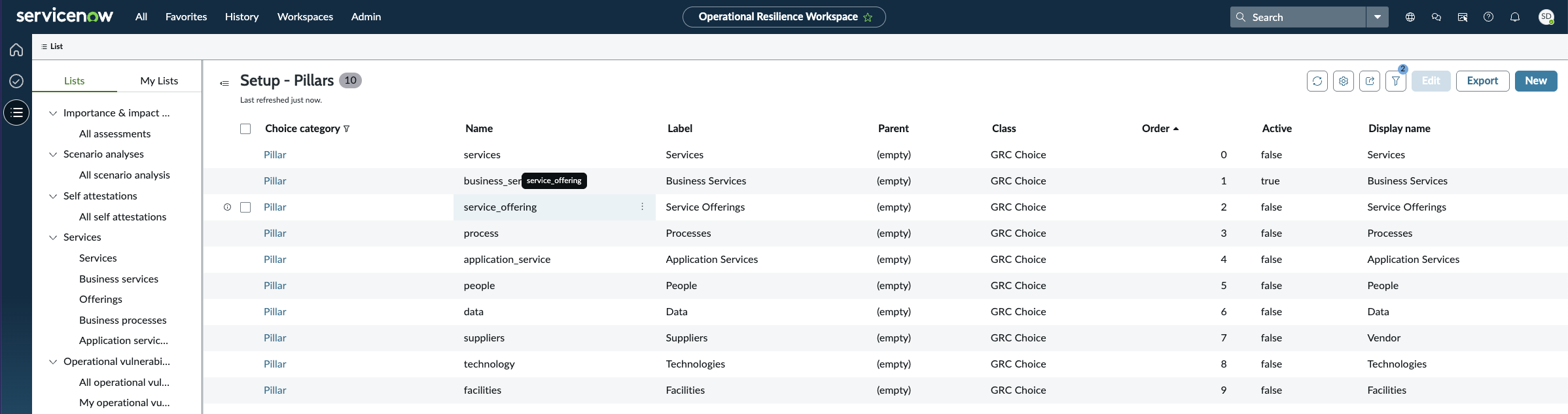 Business Services pillar is marked as "true".