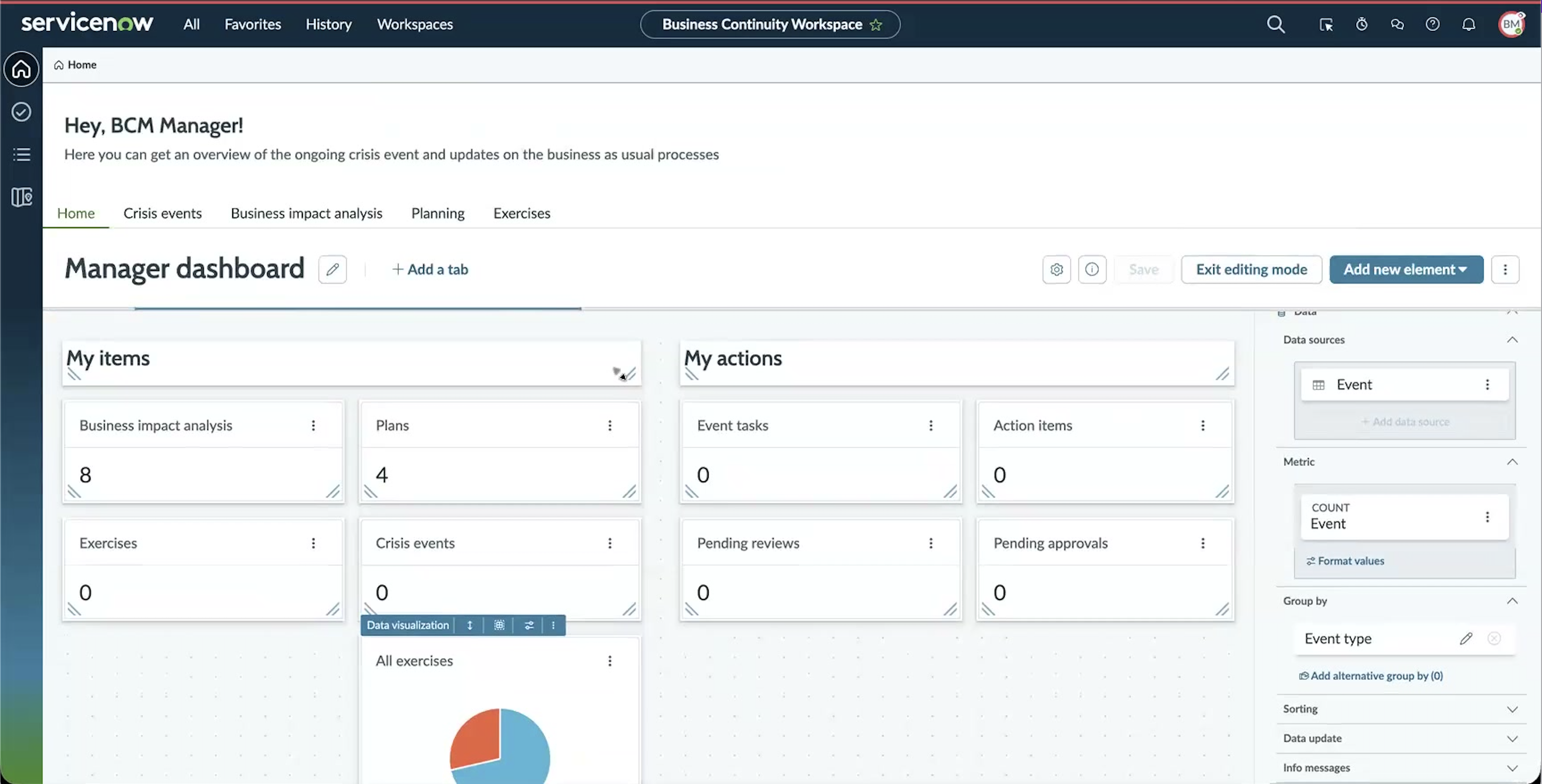 Manager dashboard in edit mode showing the base system My items and My actions cards, alongside a new pie chart that groups all exercises by Event type.