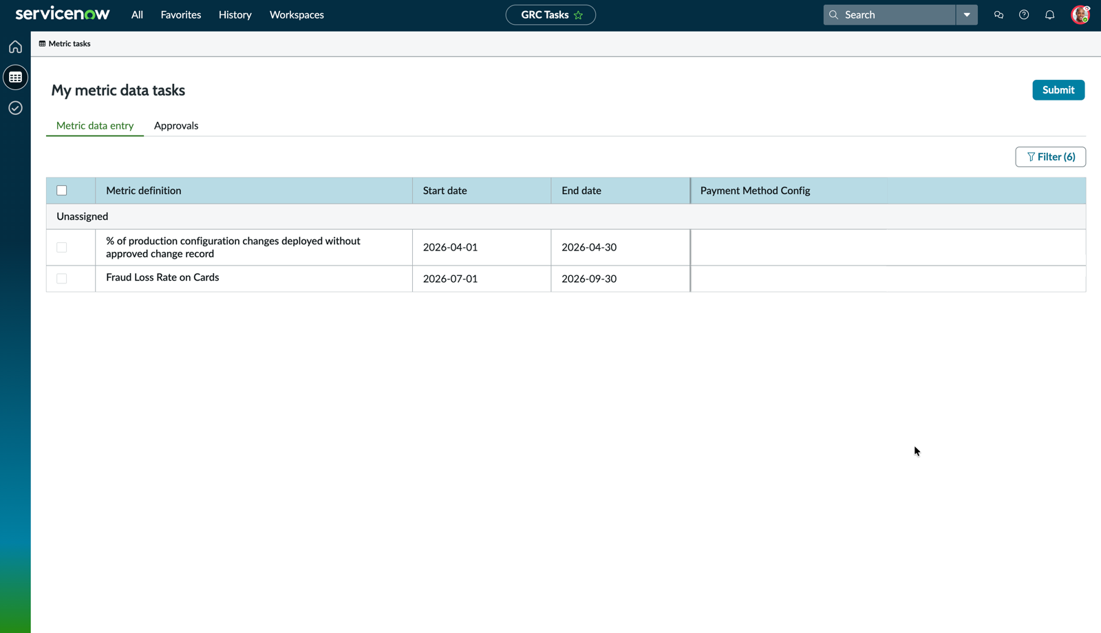 Metric data table displaying all open tasks and filters.