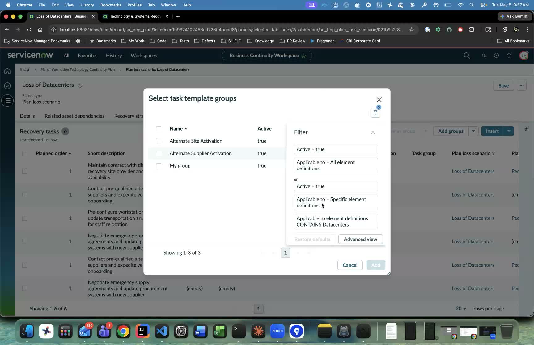 Select task template groups dialog opened from a loss scenario, showing the element definition filter.