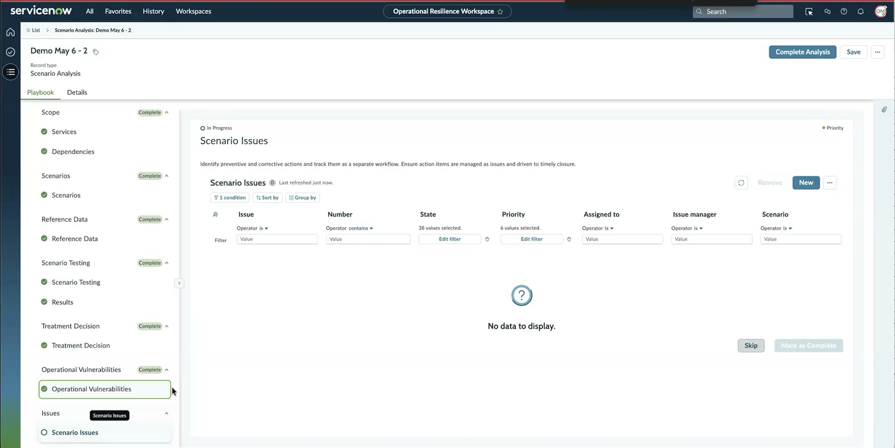 Results step in the Complete state with the simulation output card showing Completed and the linked output assessment template.