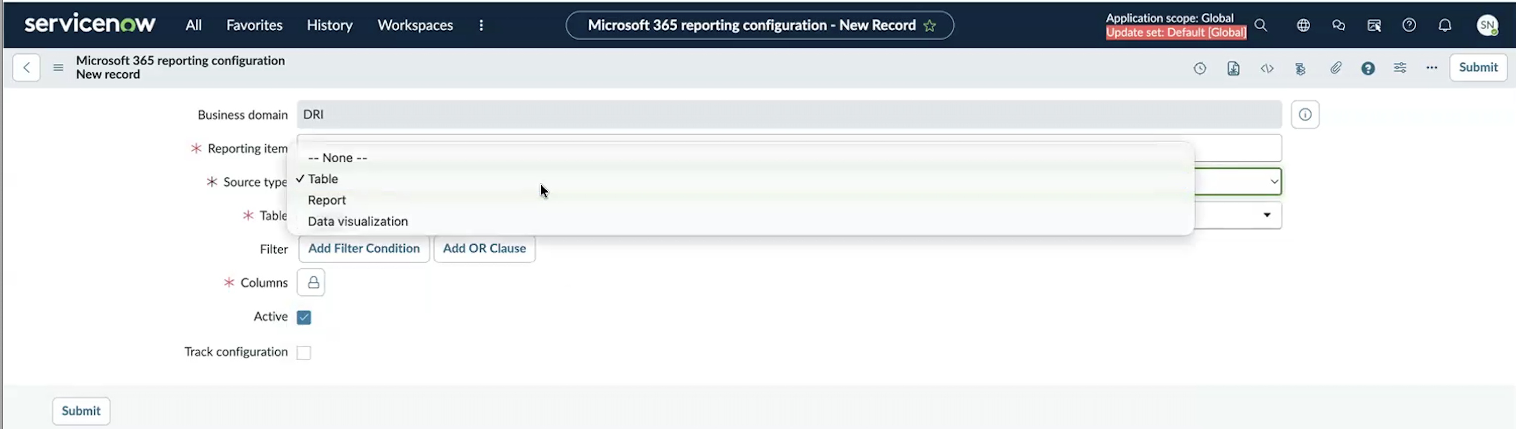 Source type drop-down on the Reporting configuration form expanded, showing Table, Report, and Data visualization options.